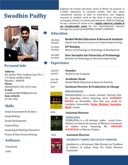 Swadhin Padhy Research & Analysis Work in the Field of Story, Characters, Screenplay, History of Cinema and Literature