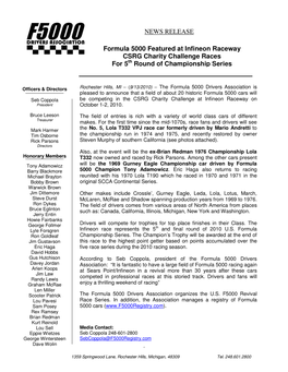 NEWS RELEASE Formula 5000 Featured at Infineon Raceway