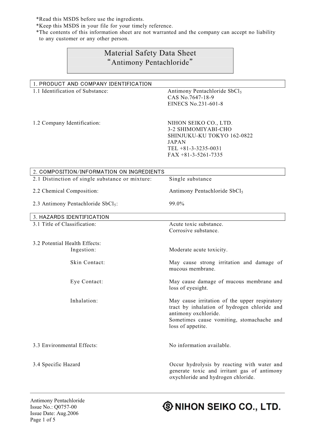 SDS Before Use the Ingredients． *Keep This MSDS in Your File for Your Timely Reference