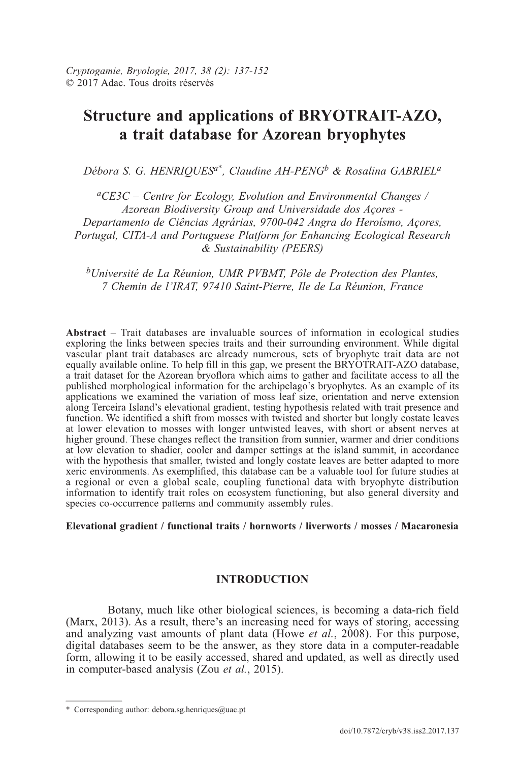 Structure and Applications of BRYOTRAIT-AZO, a Trait Database for Azorean Bryophytes