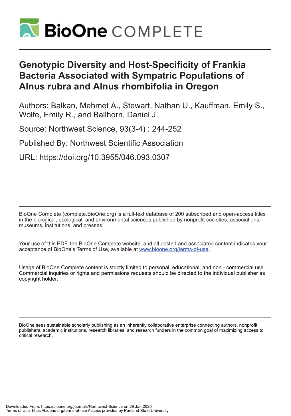 Genotypic Diversity and Host-Specificity of Frankia Bacteria Associated with Sympatric Populations of Alnus Rubra and Alnus Rhombifolia in Oregon