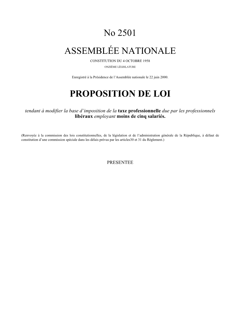 No 2501 ASSEMBLÉE NATIONALE PROPOSITION DE