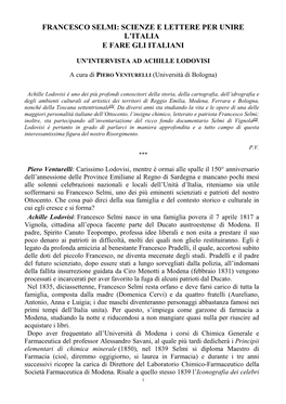 Francesco Selmi: Scienze E Lettere Per Unire L’Italia E Fare Gli Italiani