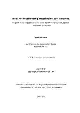 Rudolf Höß in Übersetzung: Massenmörder Oder Marionette?