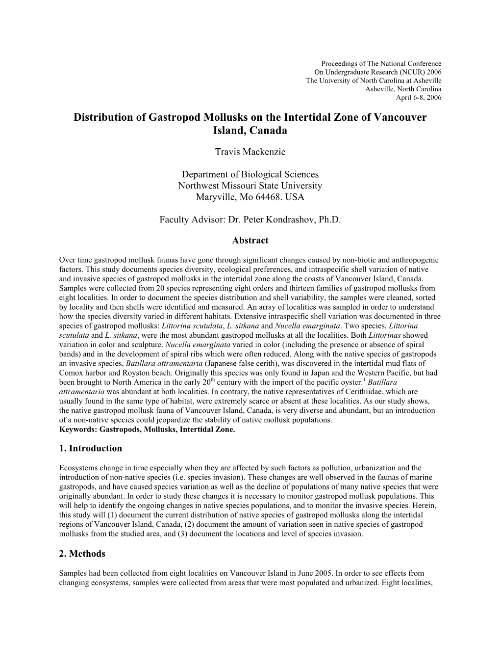 Distribution of Gastropod Mollusks on the Intertidal Zone of Vancouver Island, Canada