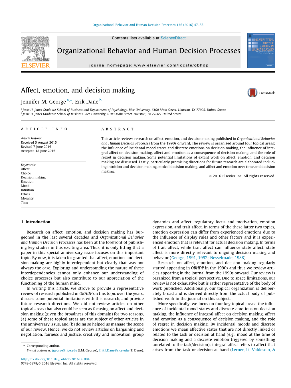 Affect Emotion And Decision Making Organizational Behavior And Human