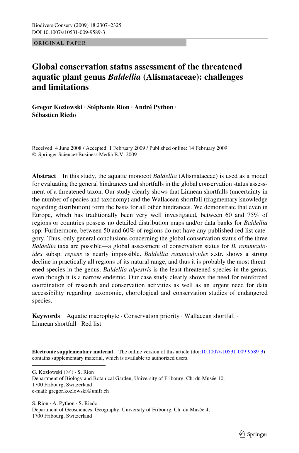 Global Conservation Status Assessment of the Threatened Aquatic Plant Genus Baldellia (Alismataceae): Challenges and Limitations