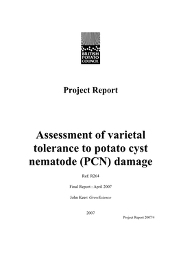 Assessment of Varietal Tolerance to Potato Cyst Nematode (PCN) Damage