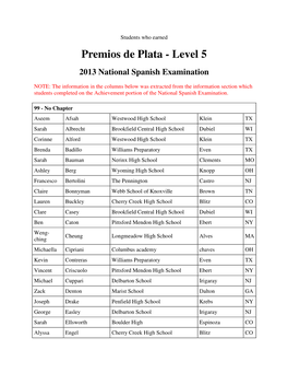 Premios De Plata - Level 5 2013 National Spanish Examination