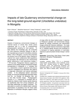 Impacts of Late Quaternary Environmental Change on the Long-Tailed Ground Squirrel (Urocitellus Undulatus) in Mongolia