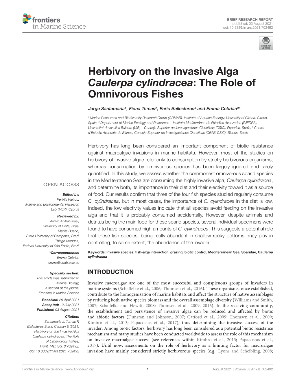 Herbivory on the Invasive Alga Caulerpa Cylindracea: the Role of Omnivorous Fishes