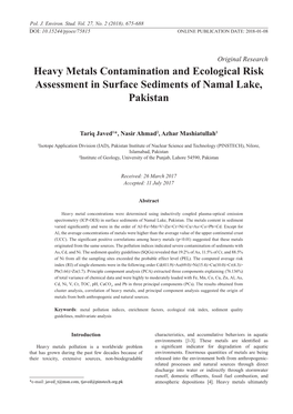 Heavy Metals Contamination and Ecological Risk Assessment in Surface Sediments of Namal Lake, Pakistan