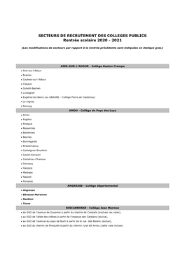 SECTEURS DE RECRUTEMENT DES COLLEGES PUBLICS Rentrée Scolaire 2020 - 2021