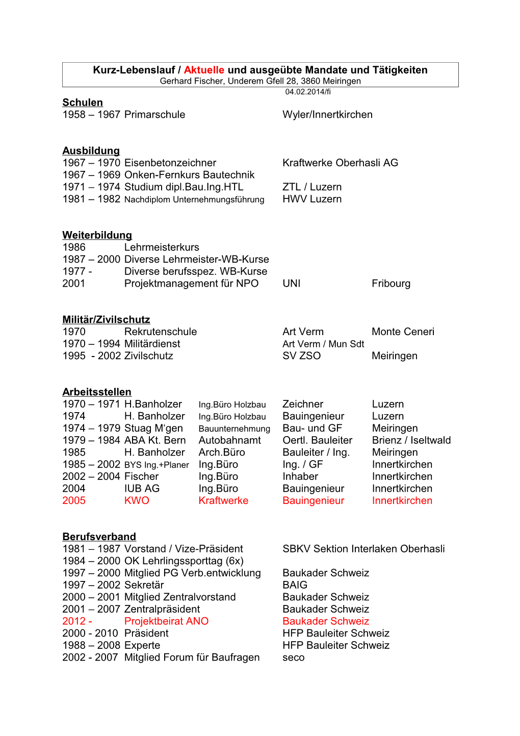 Gerhard Fischer, Underem Gfell 28, 3860 Meiringen 04.02.2014/Fi Schulen 1958 – 1967 Primarschule Wyler/Innertkirchen