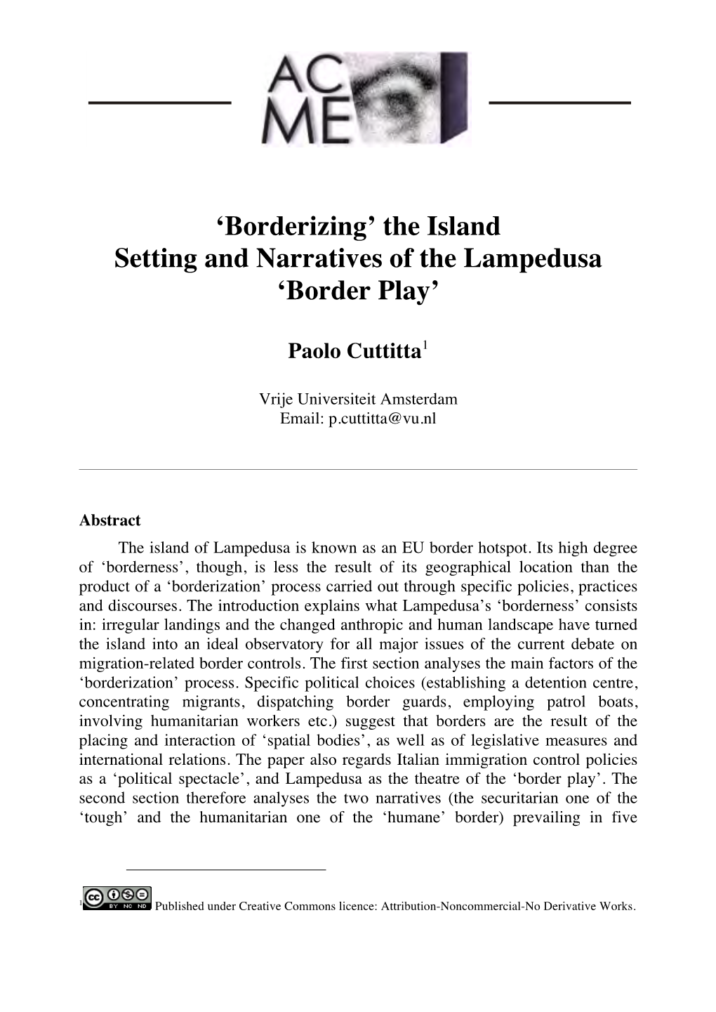 The Island Setting and Narratives of the Lampedusa 'Border Play'