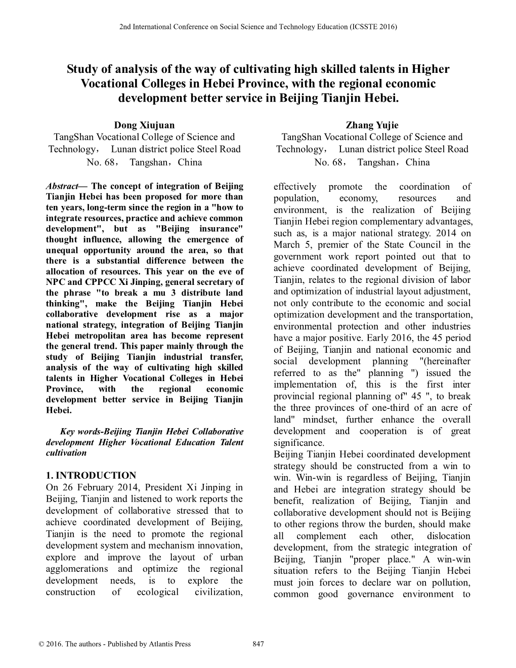 Look from the Coordinated Development of Beijing-Tianjin