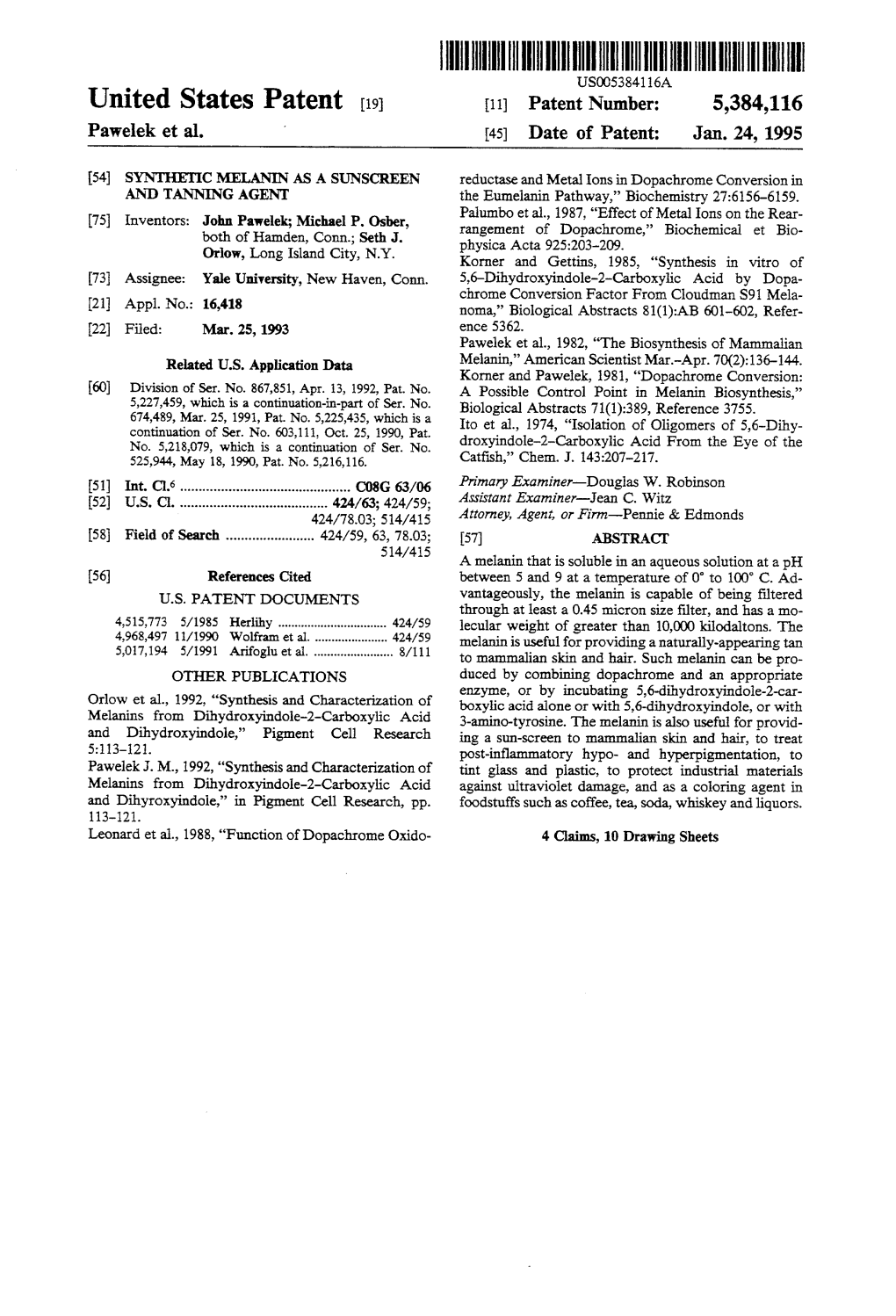 |||||IIII USOC538416A United States Patent (19) 11 Patent Number: 5,384,116 Pawelek Et Al