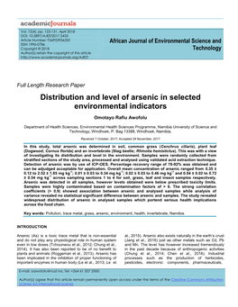 Distribution and Level of Arsenic in Selected Environmental Indicators