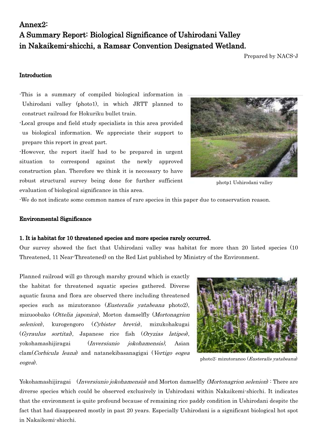 Annex2: a Summary Report: Biological Significance of Ushirodani Valley in Nakaikemi-Shicchi, a Ramsar Convention Designated Wetland