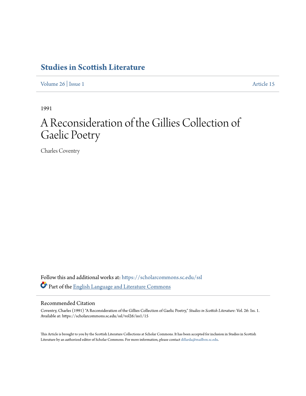 A Reconsideration of the Gillies Collection of Gaelic Poetry Charles Coventry