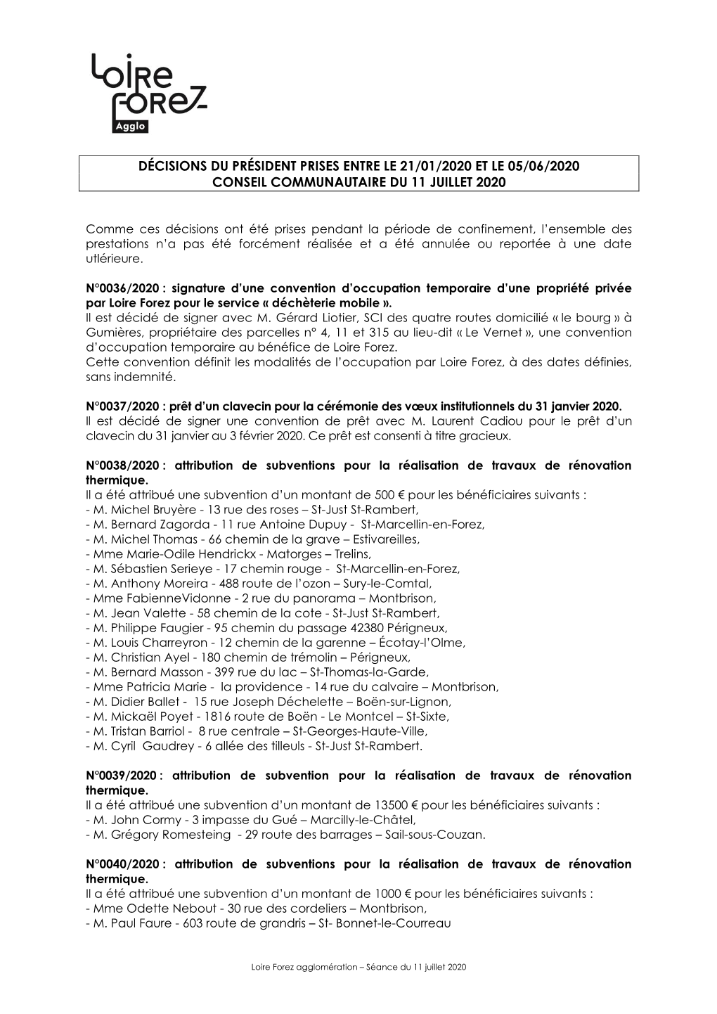 Décisions Du Président Prises Entre Le 21/01/2020 Et Le 05/06/2020 Conseil Communautaire Du 11 Juillet 2020