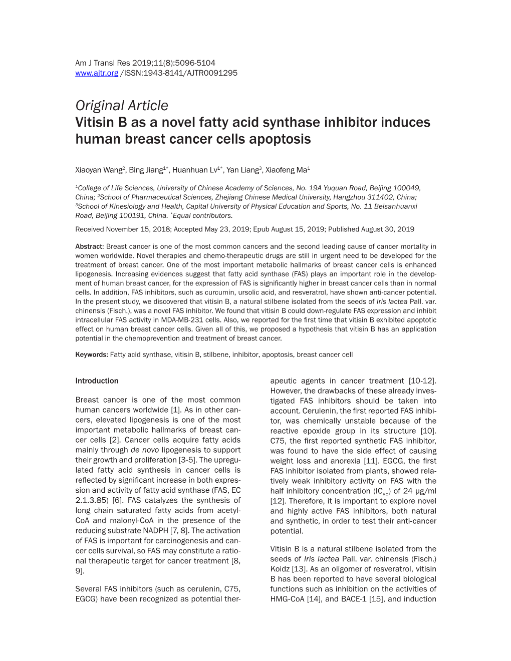 Original Article Vitisin B As a Novel Fatty Acid Synthase Inhibitor Induces Human Breast Cancer Cells Apoptosis