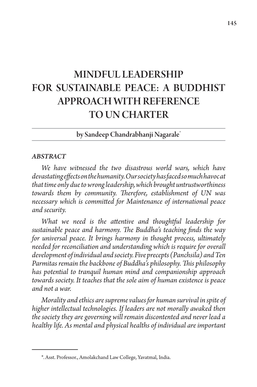 Mindful Leadership for Sustainable Peace: a Buddhist Approach with Reference to Un Charter