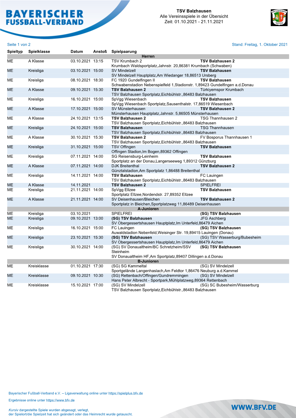 TSV Balzhausen Alle Vereinsspiele in Der Übersicht Zeit: 01.10.2021 - 21.11.2021