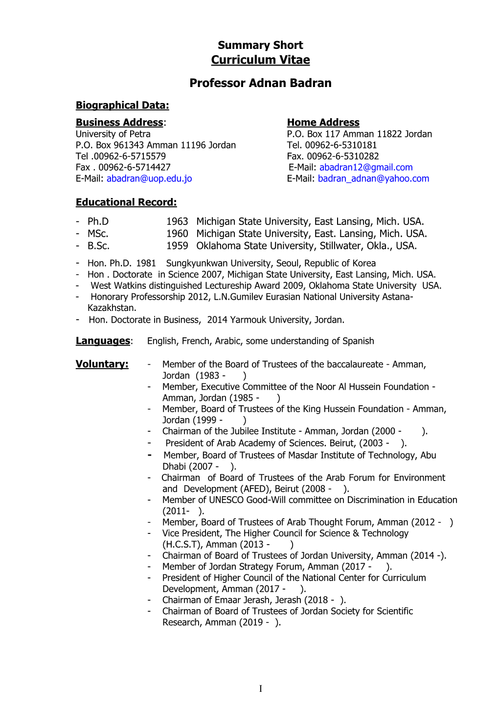 Curriculum Vitae Professor Adnan Badran