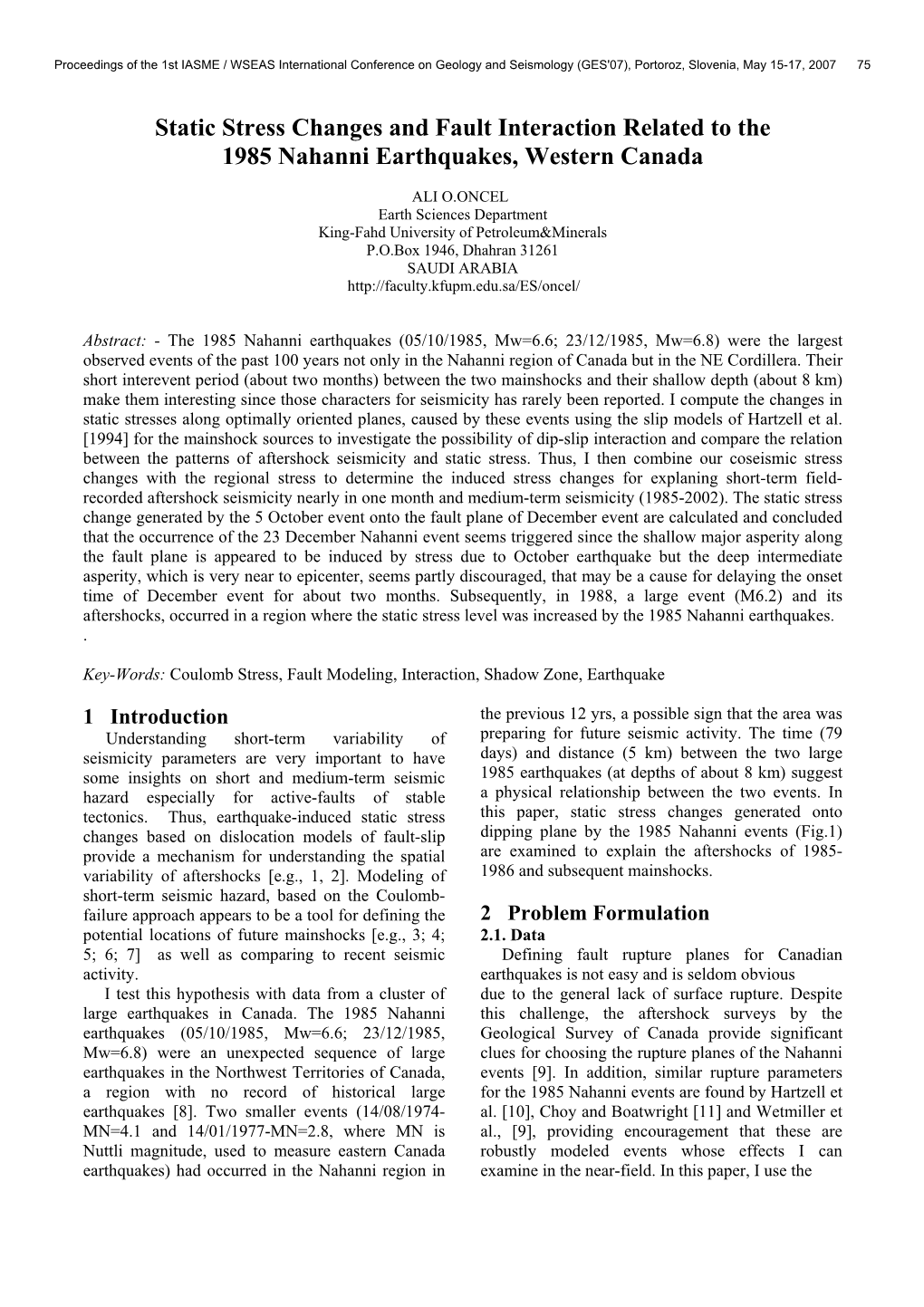 Static Stress Changes and Fault Interaction Related to the 1985 Nahanni Earthquakes, Western Canada