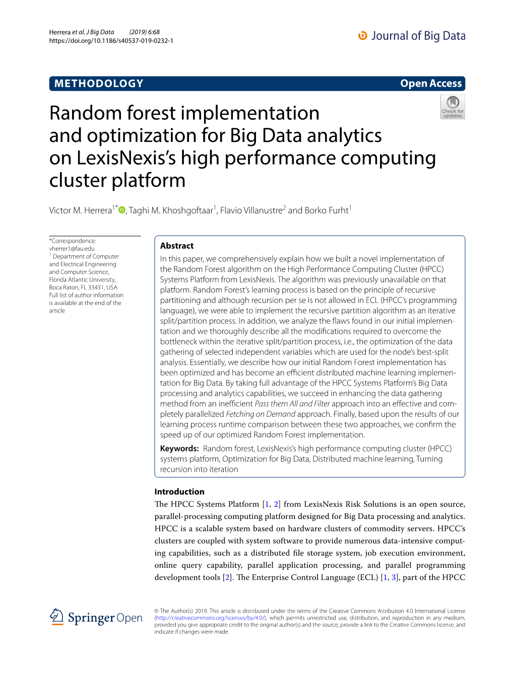 Random Forest Implementation and Optimization for Big Data Analytics on Lexisnexis’S High Performance Computing Cluster Platform