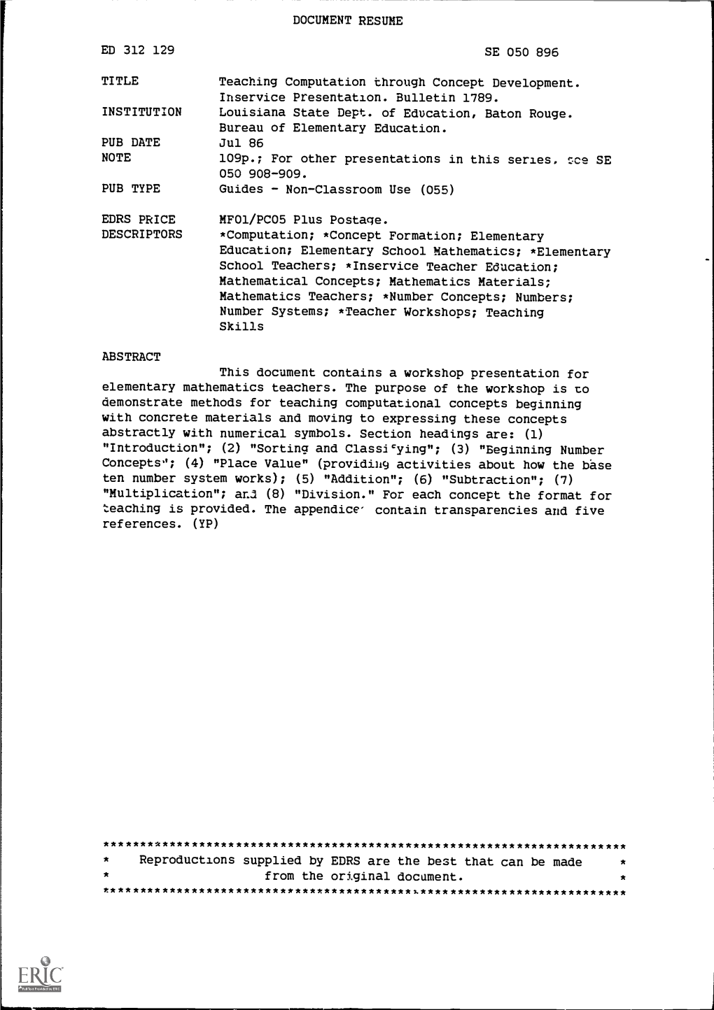 Teaching Computation Through Concept Development. Inservice Presentation. Bulletin 1789. INSTITUTION Louisiana State Dept