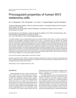 Procoagulant Properties of Human MV3 Melanoma Cells