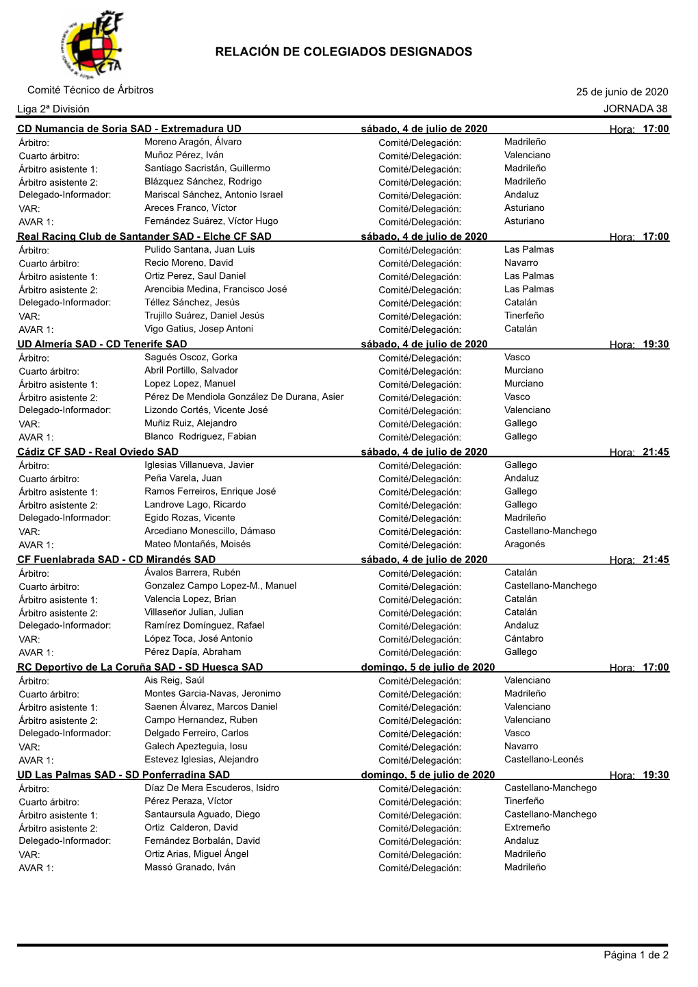 Designaciones Arbitrales Completas De La Jornada 38 En Segunda División