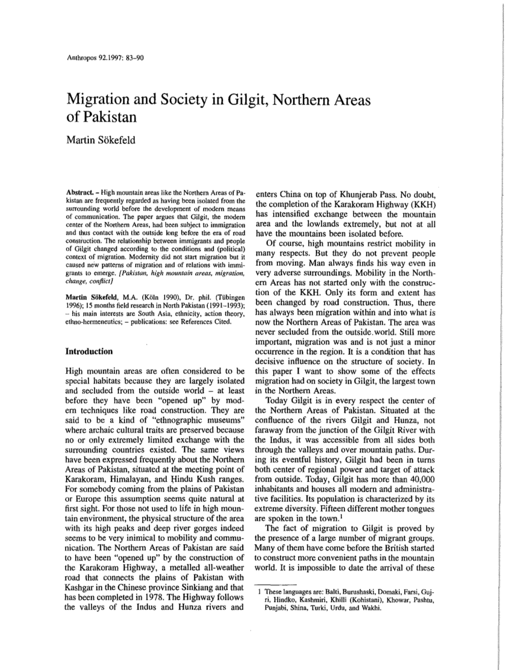 Migration and Society in Gilgit, Northem Areas Ofpakistan