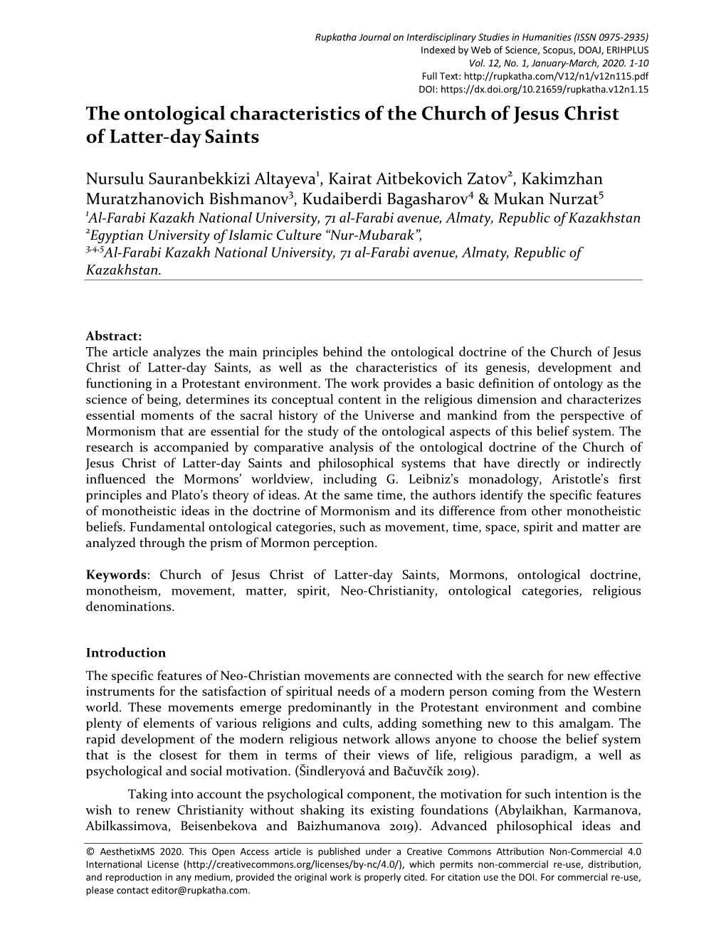 The Ontological Characteristics of the Church of Jesus Christ of Latter-Day Saints