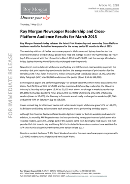 Roy Morgan Newspaper Readership and Cross- Platform Audience Results for March 2015