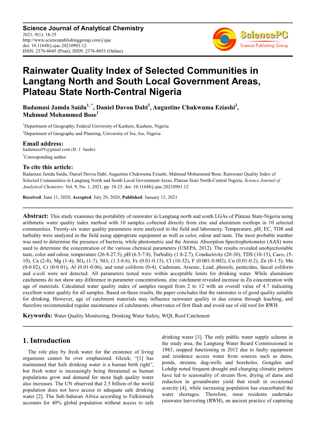 Rainwater Quality Index of Selected Communities in Langtang North and South Local Government Areas, Plateau State North-Central Nigeria