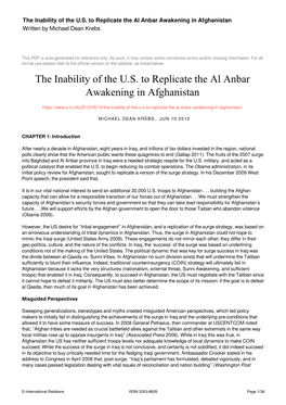 The Inability of the U.S. to Replicate the Al Anbar Awakening in Afghanistan Written by Michael Dean Krebs