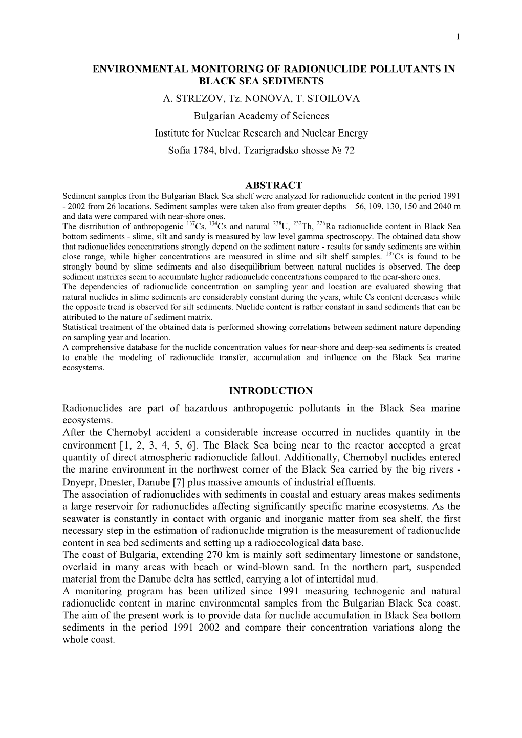 Environmental Monitoring of Radionuclide Pollutants in Black Sea Sediments A