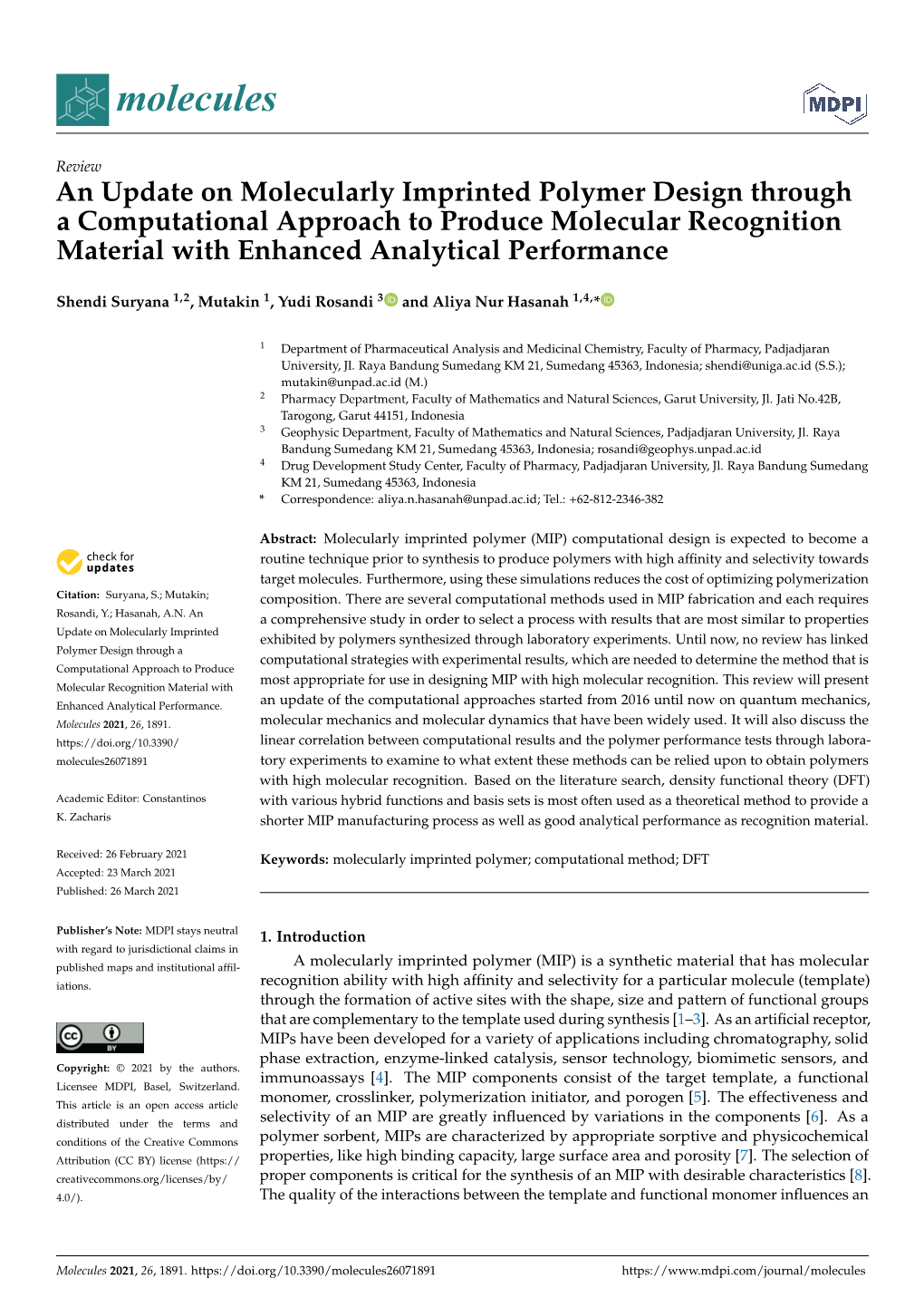 An Update on Molecularly Imprinted Polymer Design Through a Computational Approach to Produce Molecular Recognition Material with Enhanced Analytical Performance