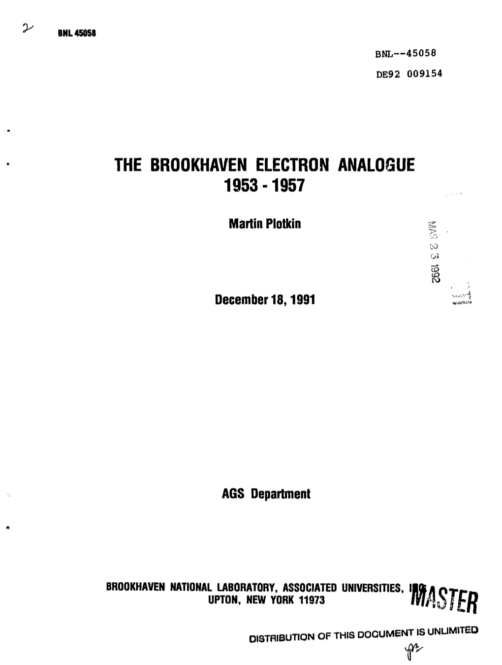 The Brookhaven Electron Analogue 1953-1957