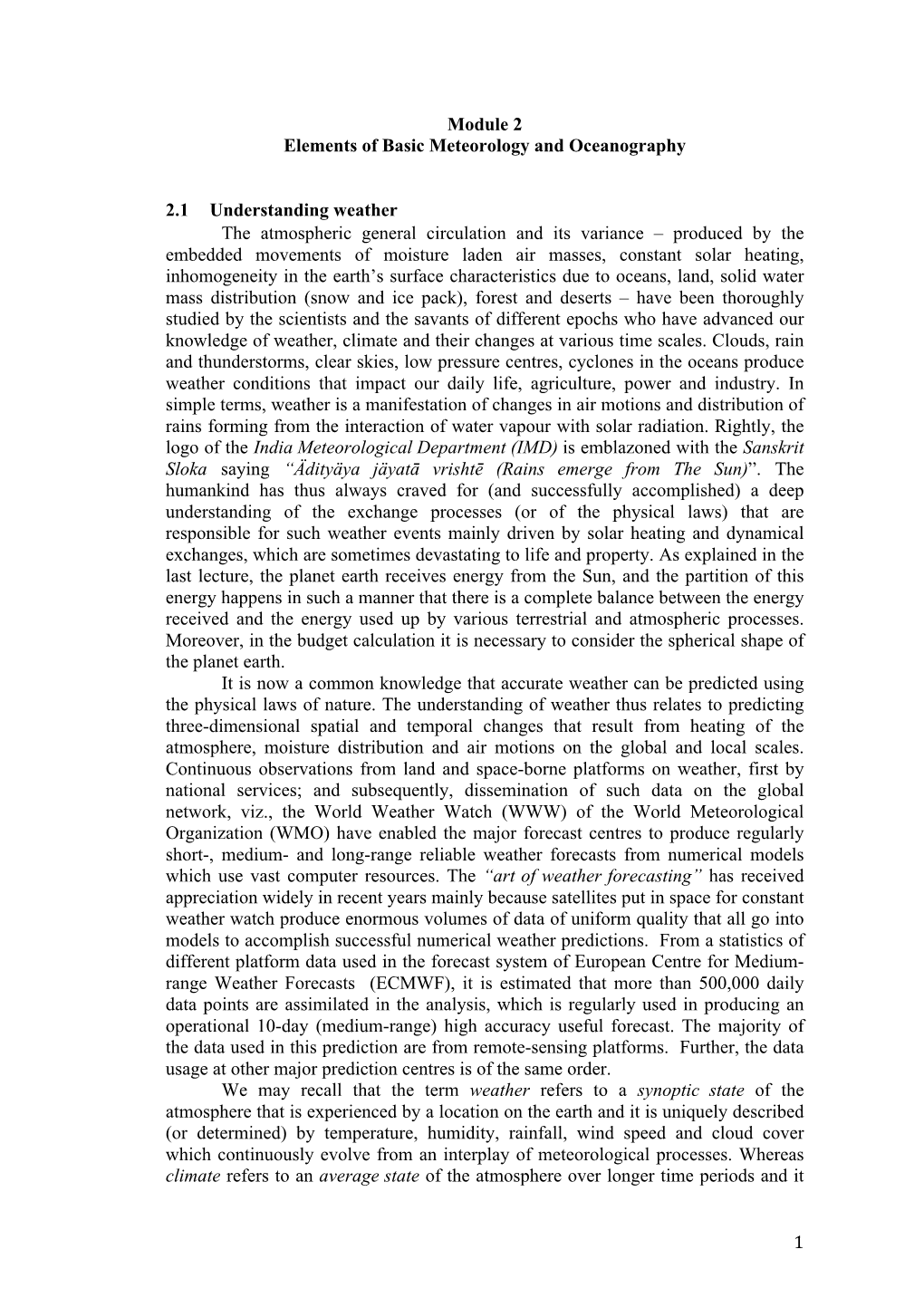 1 Module 2 Elements of Basic Meteorology and Oceanography