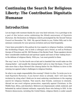 Continuing the Search for Religious Liberty: the Contribution Dignitatis Humanae