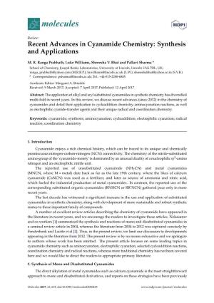 Recent Advances in Cyanamide Chemistry: Synthesis and Applications