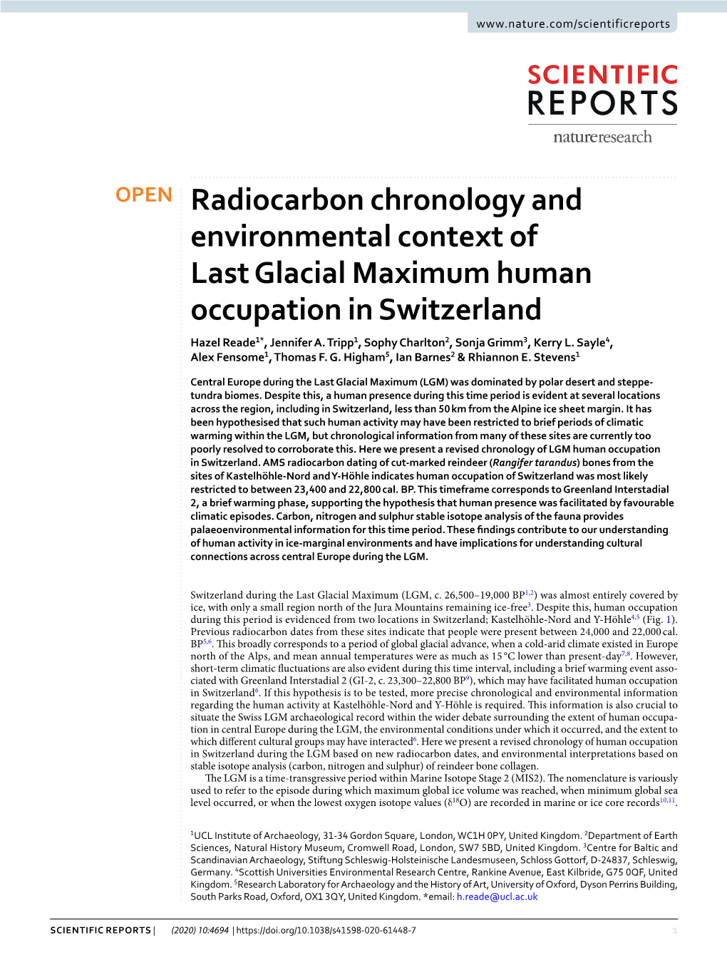 Radiocarbon Chronology and Environmental Context of Last Glacial Maximum Human Occupation in Switzerland Hazel Reade1*, Jennifer A