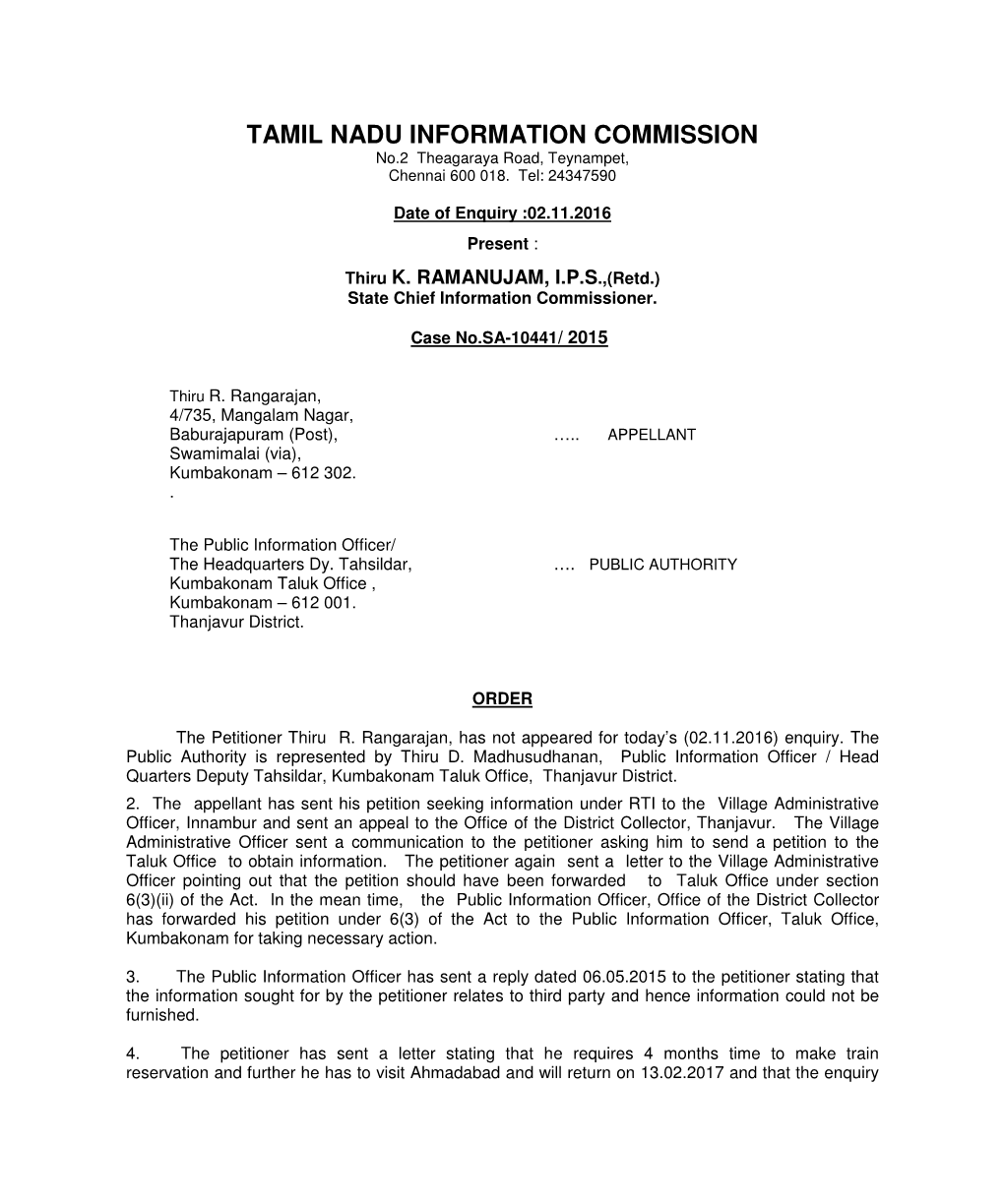 TAMIL NADU INFORMATION COMMISSION No.2 Theagaraya Road, Teynampet, Chennai 600 018