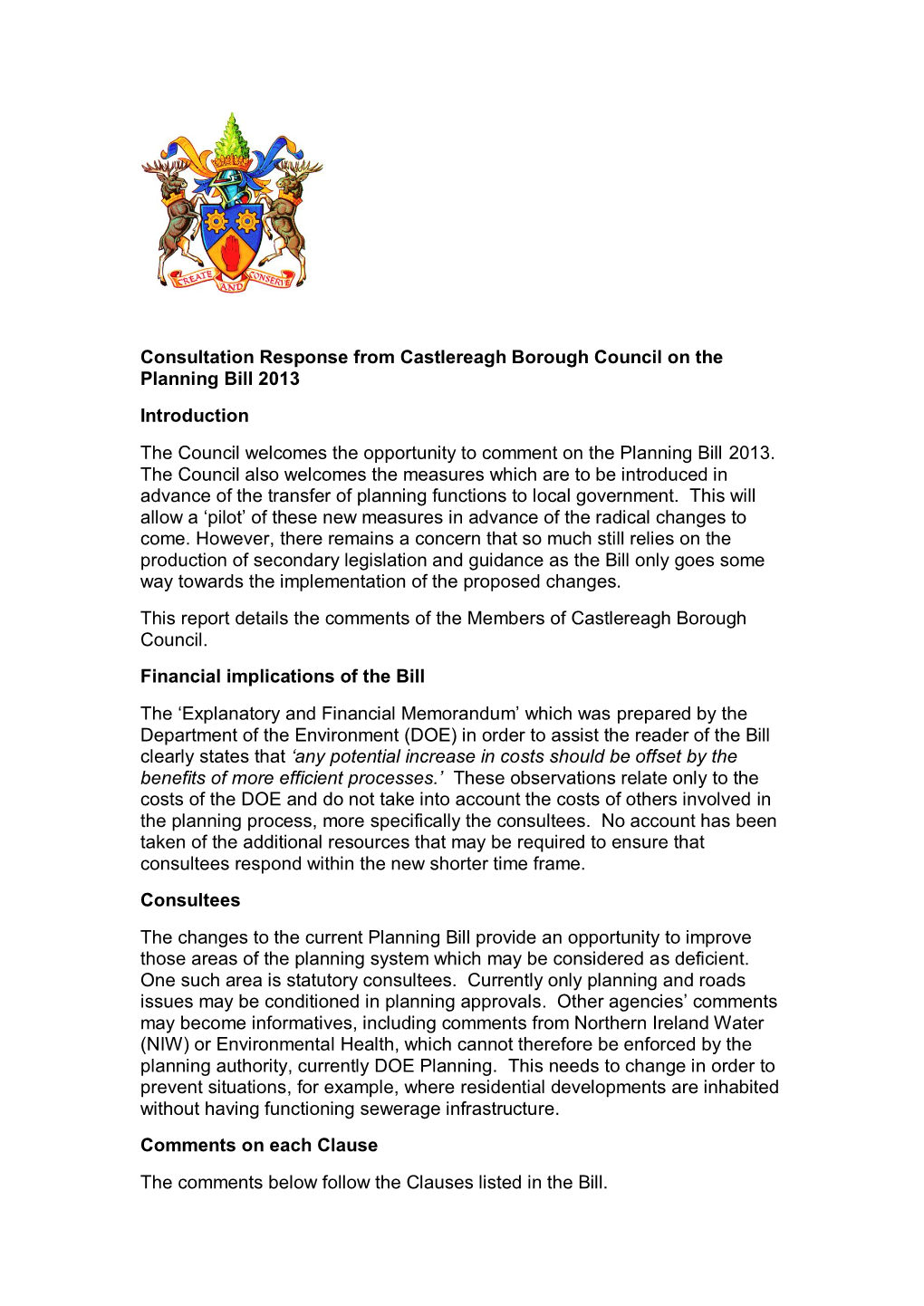 Castlereagh Borough Council on the Planning Bill 2013 Introduction