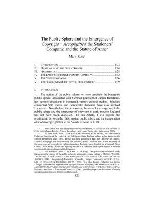 The Public Sphere and the Emergence of Copyright: Areopagitica, the Stationers’ Company, and the Statute of Anne*