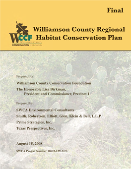 Williamson County Regional Habitat Conservation Plan Final